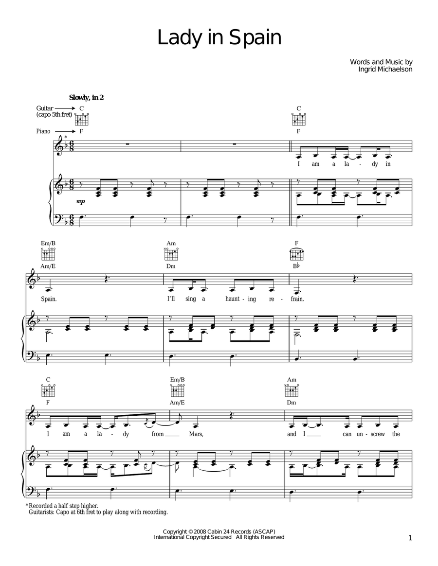 Lady In Spain Lady In Spain Piano, Vocal, Guitar scores gallery preview page 1