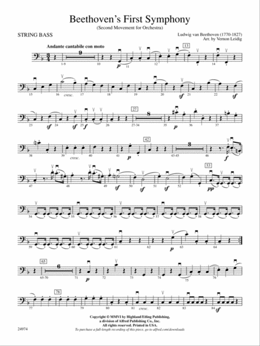 Beethoven's First Symphony, Second Movement: String Bass Full Orchestra scores gallery preview page 1