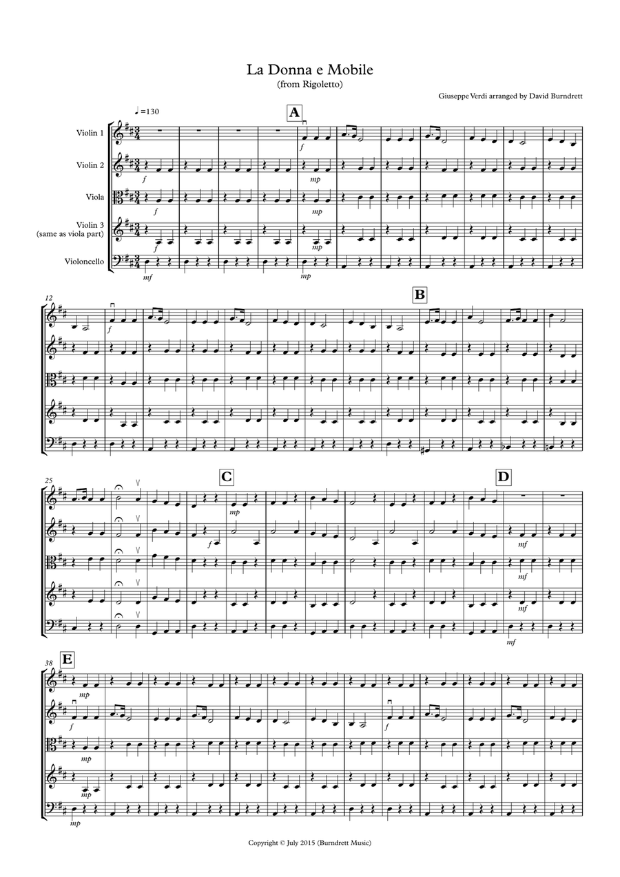 La Donna e Mobile (from Rigoletto) for String Quartet String Quartet scores gallery preview page 1