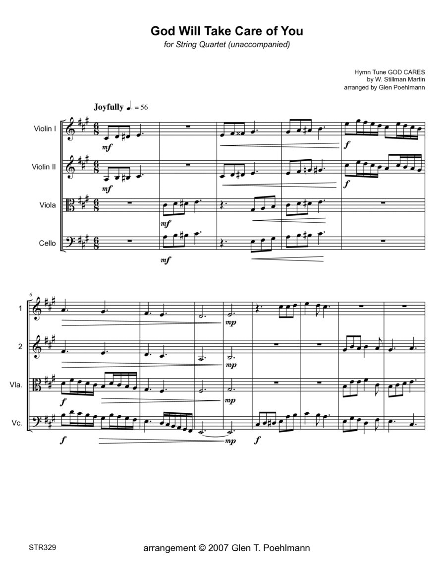 GOD WILL TAKE CARE OF YOU - STRING QUARTET (unaccompanied) (or 3 Violins & Cello) String Quartet scores gallery preview page 1