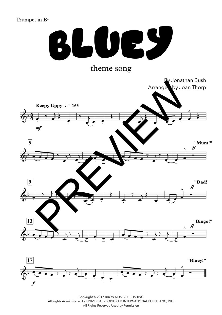 Bluey Theme Song B-Flat Trumpet scores gallery preview page 1