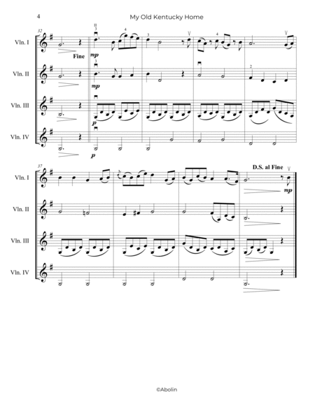 Foster: My Old Kentucky Home - arr. for Violin Quartet image number null