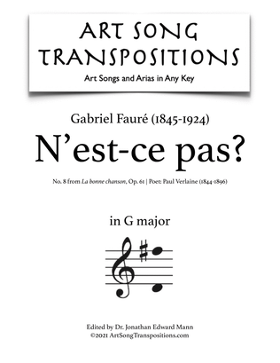 Book cover for FAURÉ: N'est-ce pas? Op. 61 no. 8 (transposed to G major)