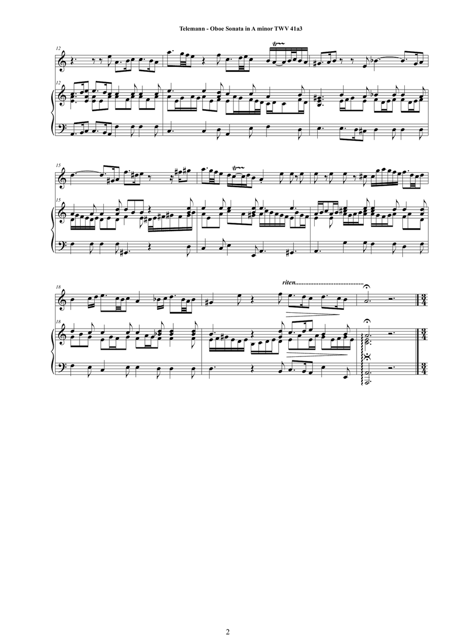 Telemann - Oboe Sonata in A minor TWV 41a3 for Oboe and Cembalo (or Piano) Harpsichord scores gallery preview page 2