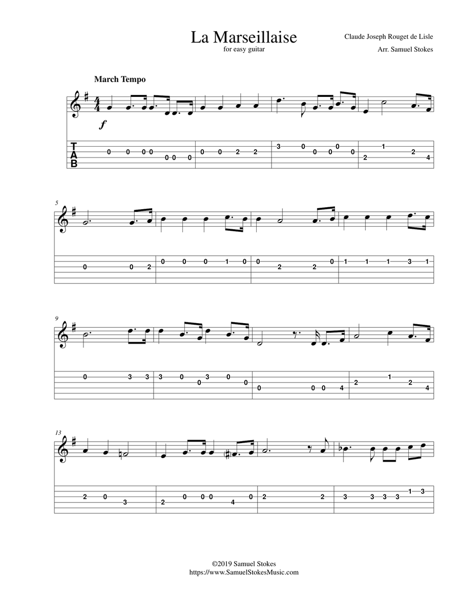 La Marseillaise - French National Anthem - for easy guitar with TAB Guitar Tablature scores gallery preview page 1