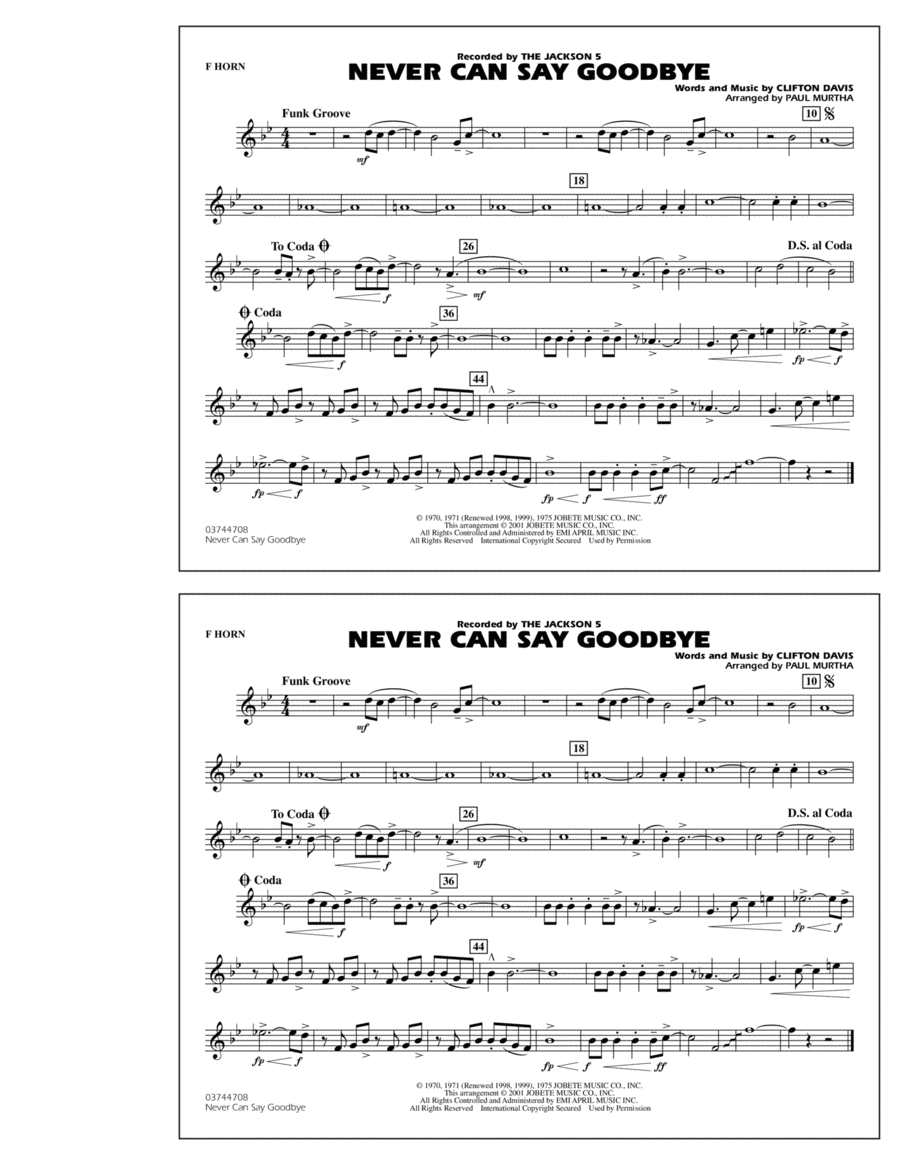 Never Can Say Goodbye - F Horn Marching Band scores gallery preview page 1