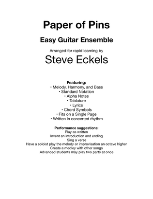 Book cover for Paper of Pins for Easy Guitar Ensemble