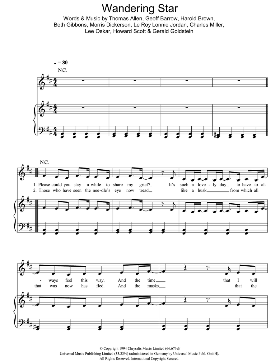 Wandering Star Piano, Vocal, Guitar scores gallery preview page 1