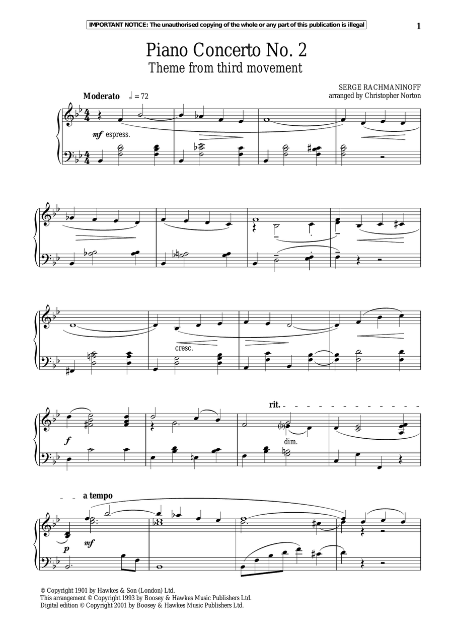 Piano Concerto No. 2, (Third Movement Theme) Piano Solo scores gallery preview page 1