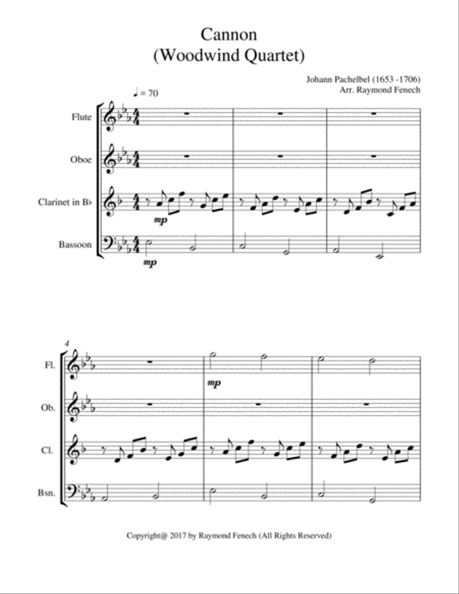 Canon - Pachebel (Oboe; Flute; B Flat Clarinet and Bassoon) Woodwind Quartet - Advanced Intermediate Woodwind Quartet scores gallery preview page 6