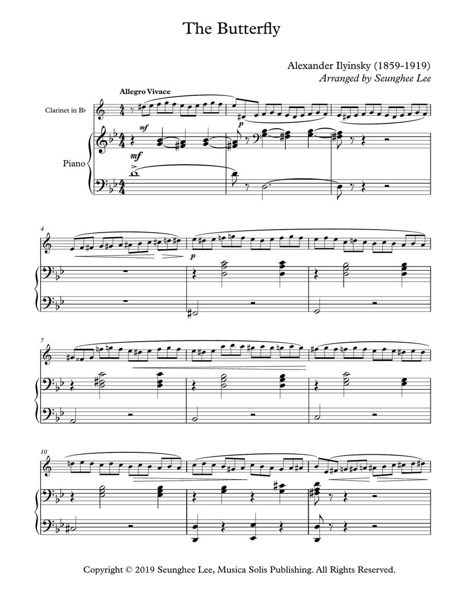 The Butterfly by Alexander Ilyinsky for Bb Clarinet and Piano B-Flat Clarinet scores gallery preview page 1