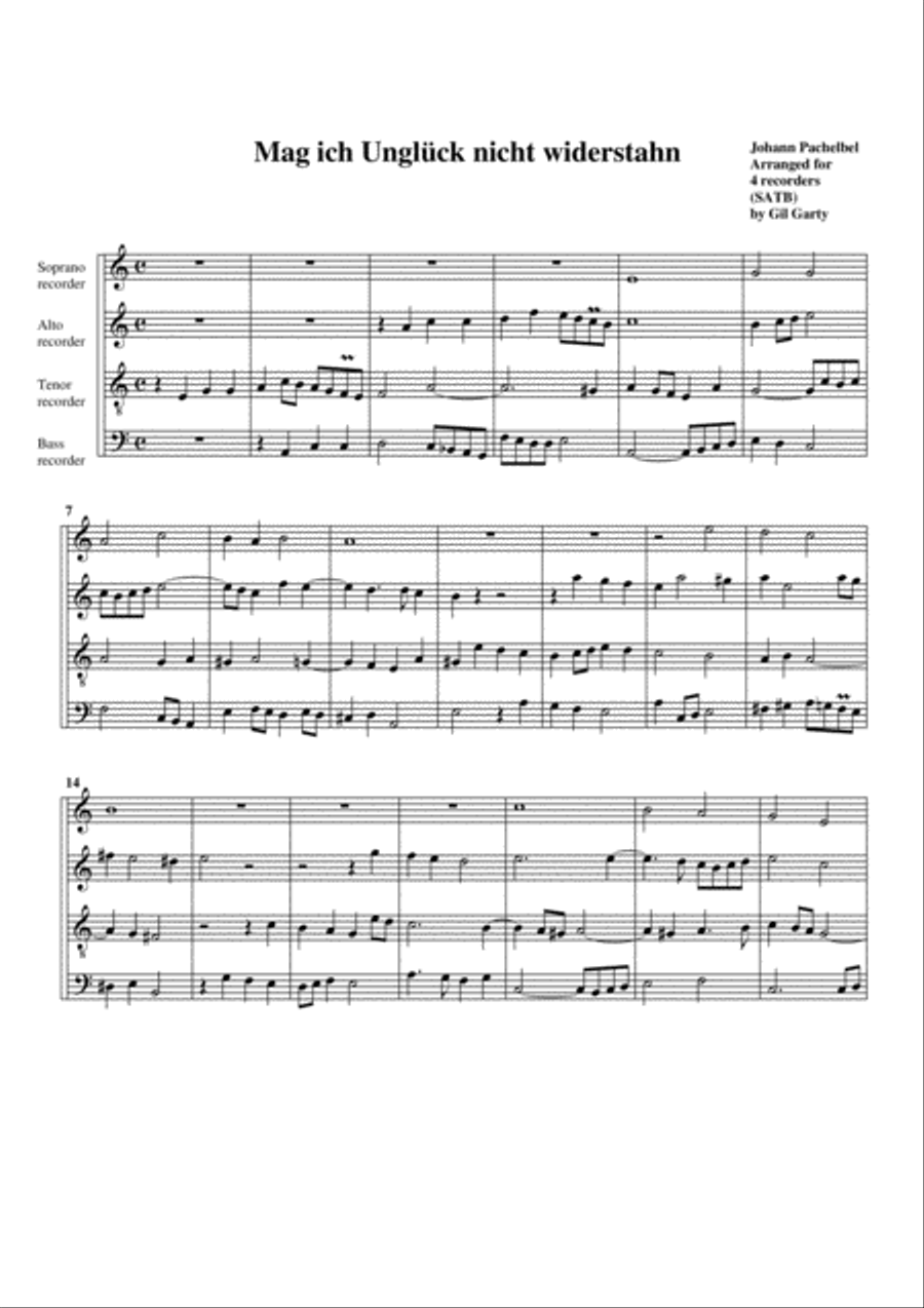 Mag ich Unglueck nicht widerstahn (arrangement for 4 recorders) Recorder scores gallery preview page 1