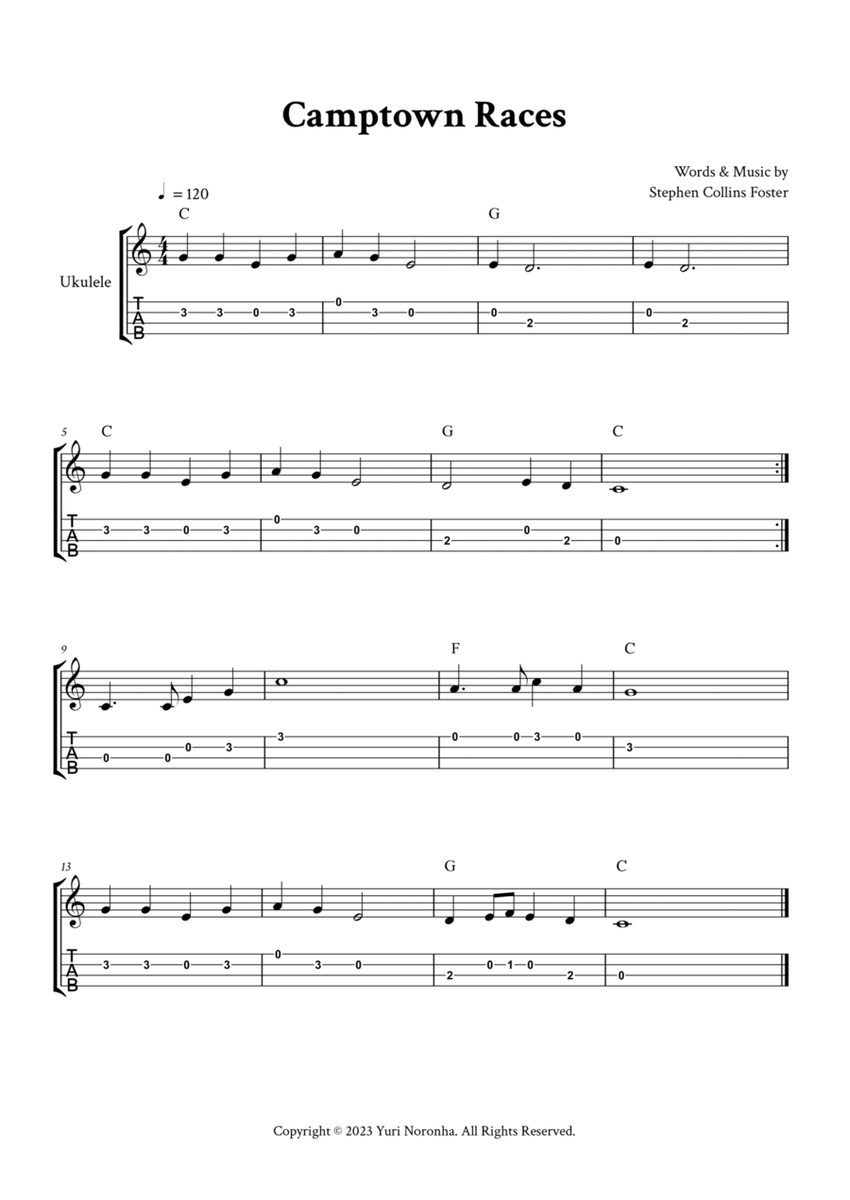 Camptown Races - Easy Ukulele in C (with TAB, Chords) image number null