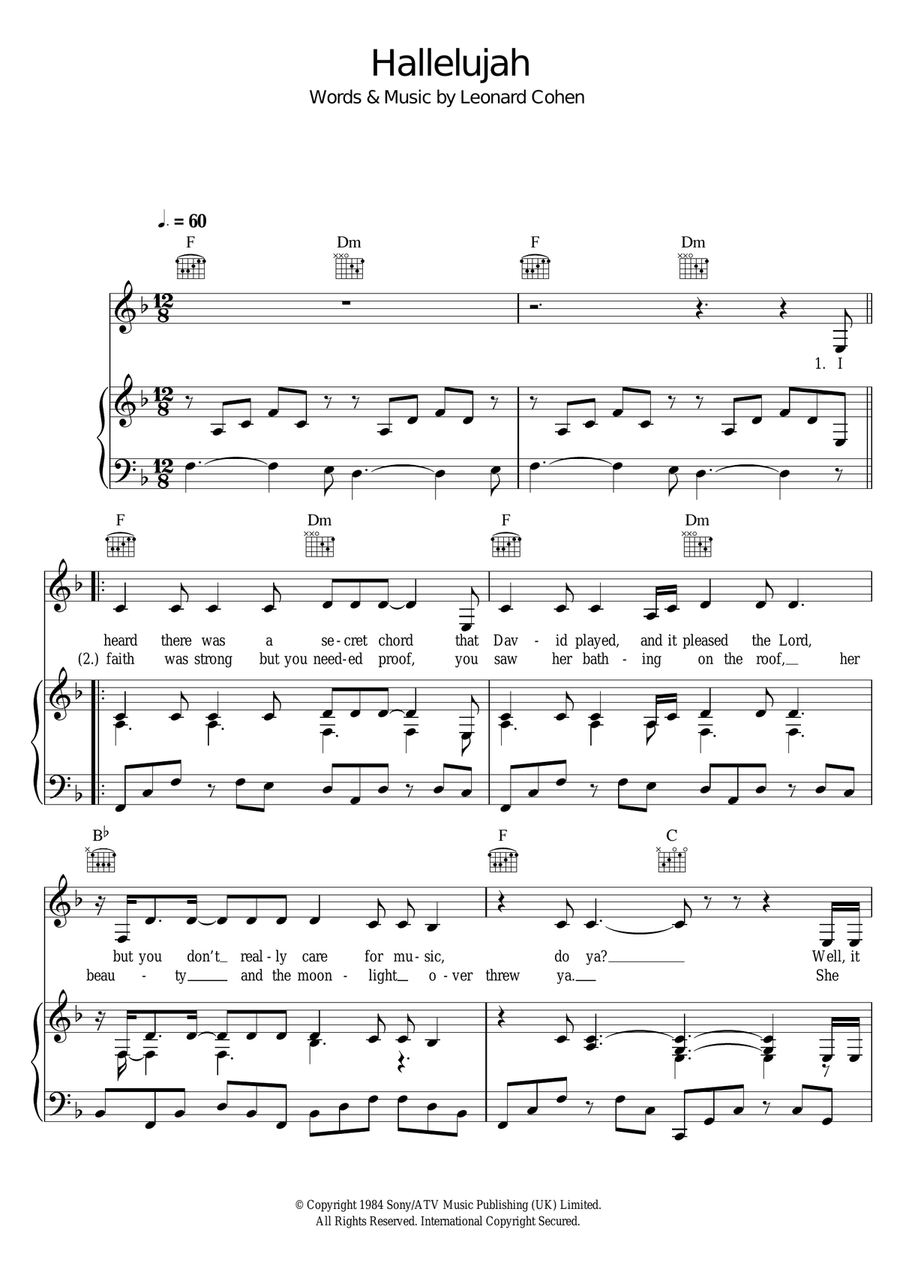 Hallelujah Piano, Vocal, Guitar scores gallery preview page 1