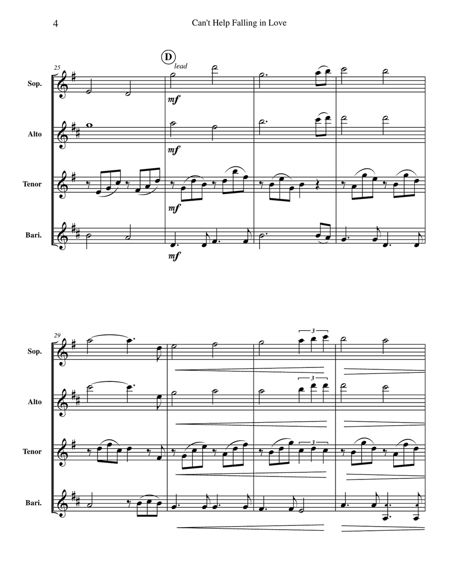 Can't Help Falling In Love Saxophone Quartet scores gallery preview page 6
