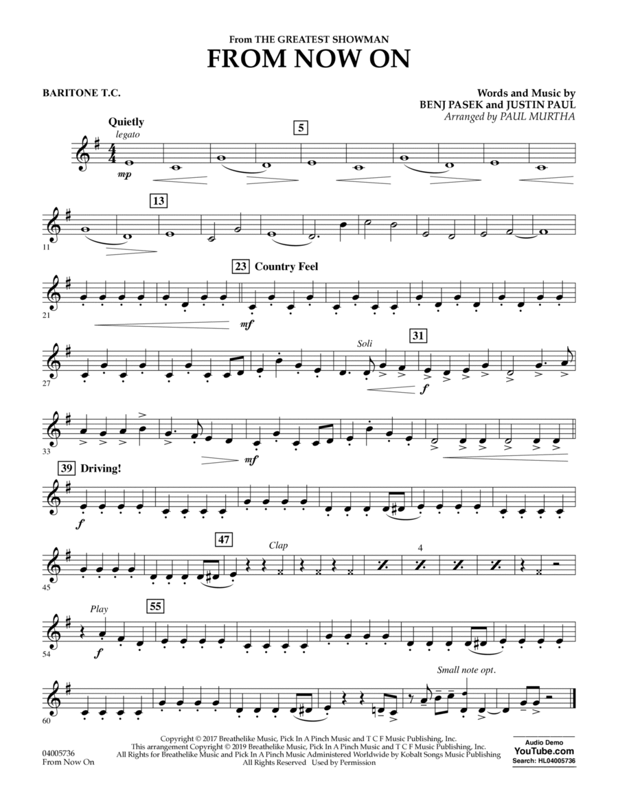 From Now On (from The Greatest Showman) (arr. Paul Murtha) - Baritone T.C. Concert Band scores gallery preview page 1