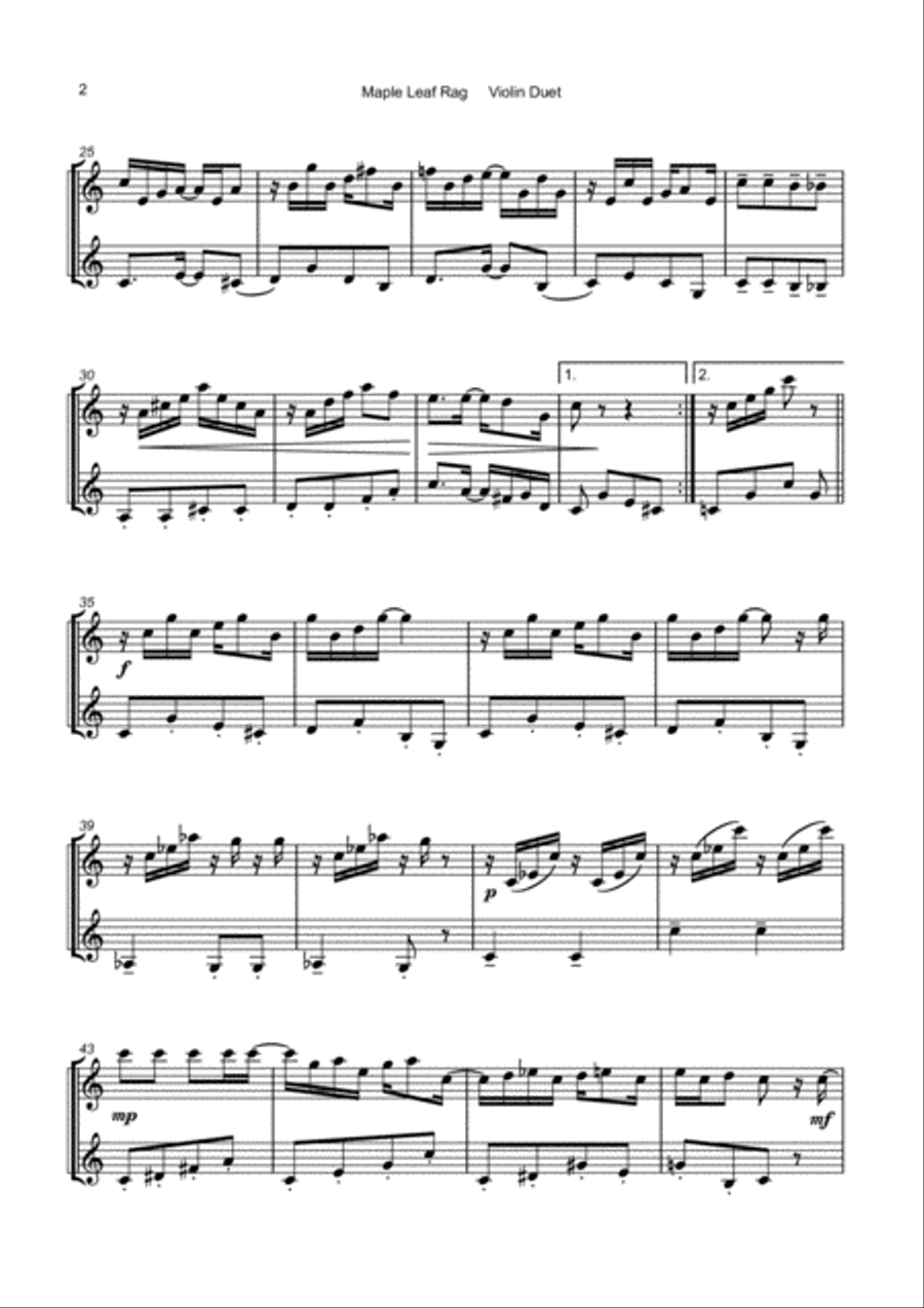 Maple Leaf Rag, by Scott Joplin, Violin Duet