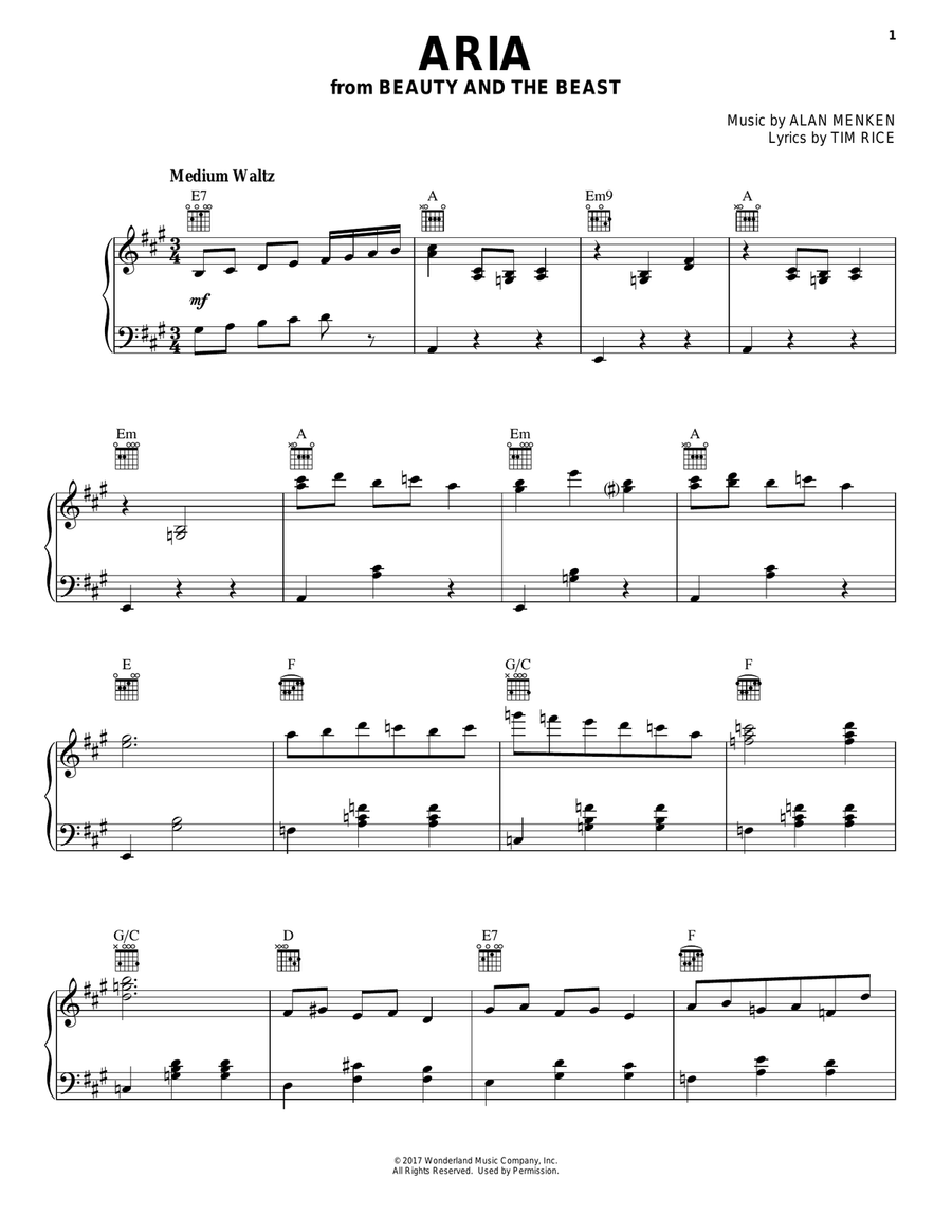 Aria (from Beauty And The Beast) Piano, Vocal, Guitar scores gallery preview page 1