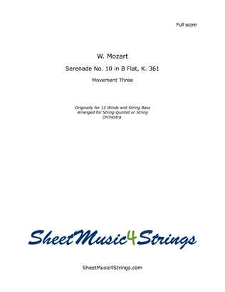 Book cover for W. A. Mozart Serenade No. 10, K 361, Mvt. 3 for String Quintet or Orchestra
