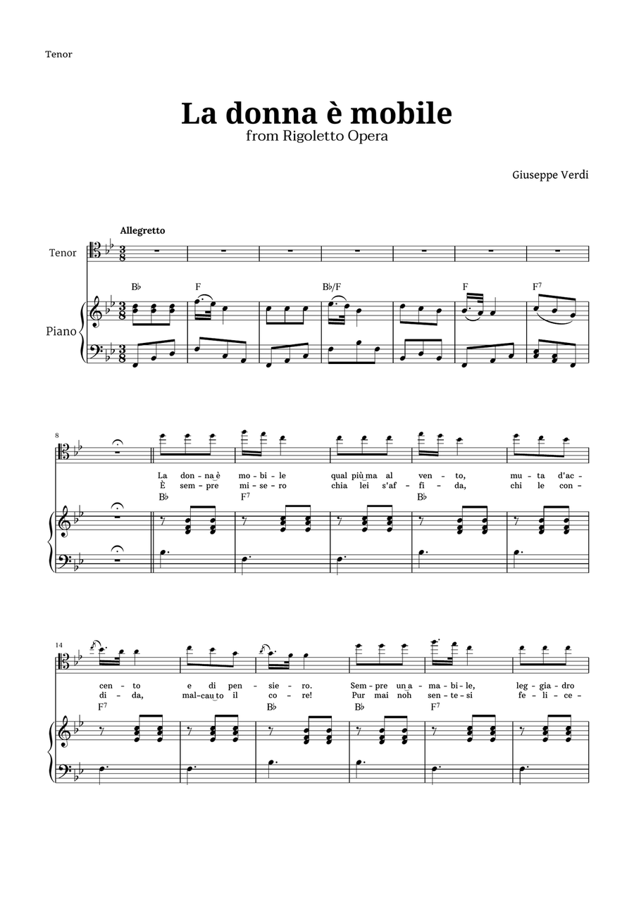 La donna è mobile in B-flat major for Tenor and Piano Piano, Vocal scores gallery preview page 1