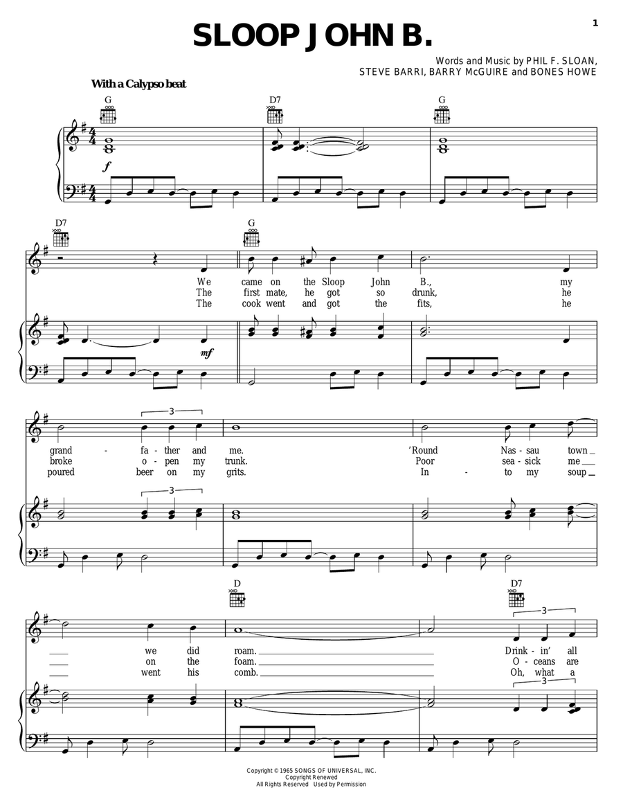 Sloop John B. Piano, Vocal, Guitar scores gallery preview page 1