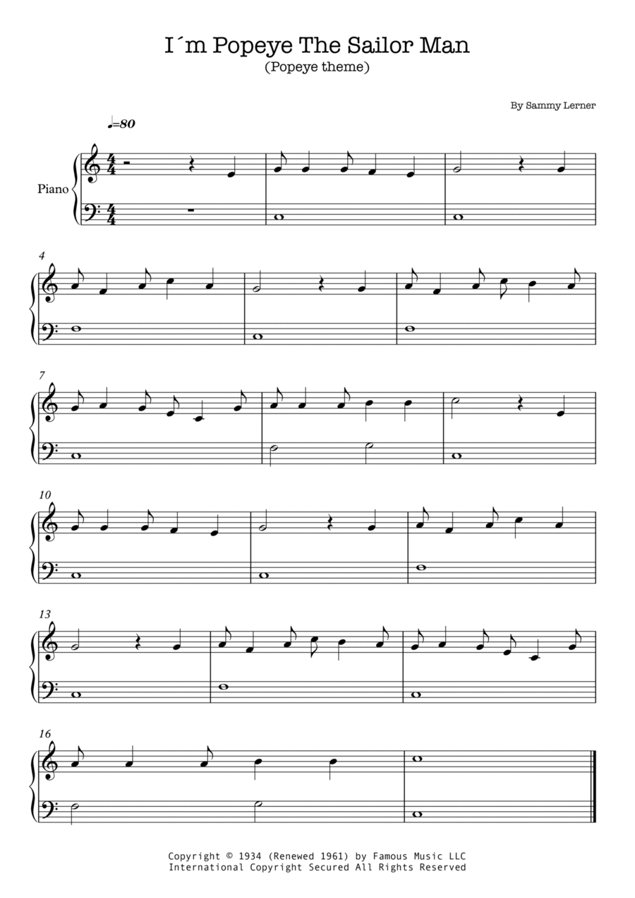 I'm Popeye The Sailor Man Easy Piano scores gallery preview page 1