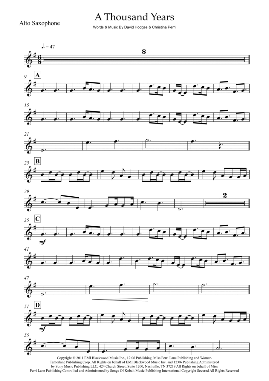 A Thousand Years Alto Saxophone scores gallery preview page 1