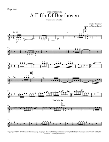 A Fifth Of Beethoven by Walter Murphy Saxophone Quartet - Digital Sheet Music