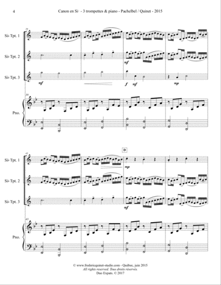 Pachelbel Canon - 3 Trumpets & Piano Trumpet Trio scores gallery preview page 6