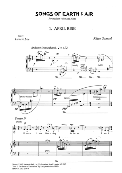 April Rise. Medium Voice and Piano (No. 1 of "Songs of Earth and Air")