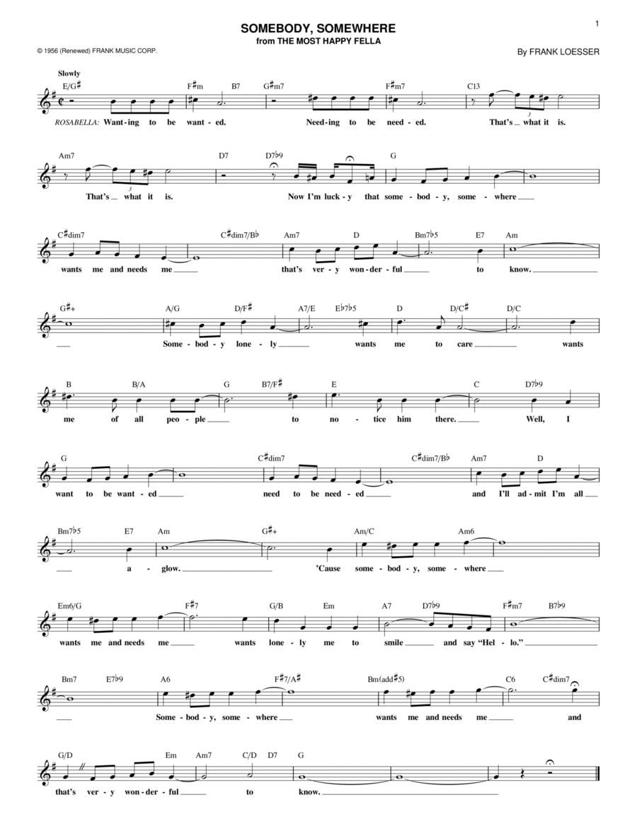 Somebody, Somewhere (from The Most Happy Fella) Voice scores gallery preview page 1