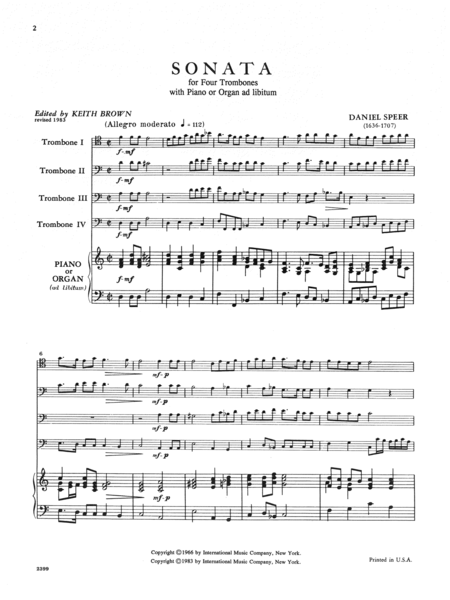Sonata For Four Trombones With Piano Or Organ Ad Lib.
