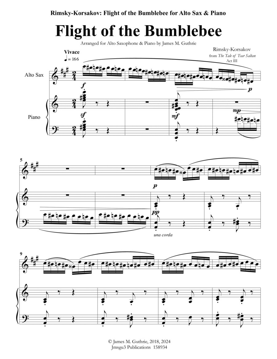 Korsakov: Flight of the Bumblebee for Alto Sax & Piano Alto Saxophone scores gallery preview page 1