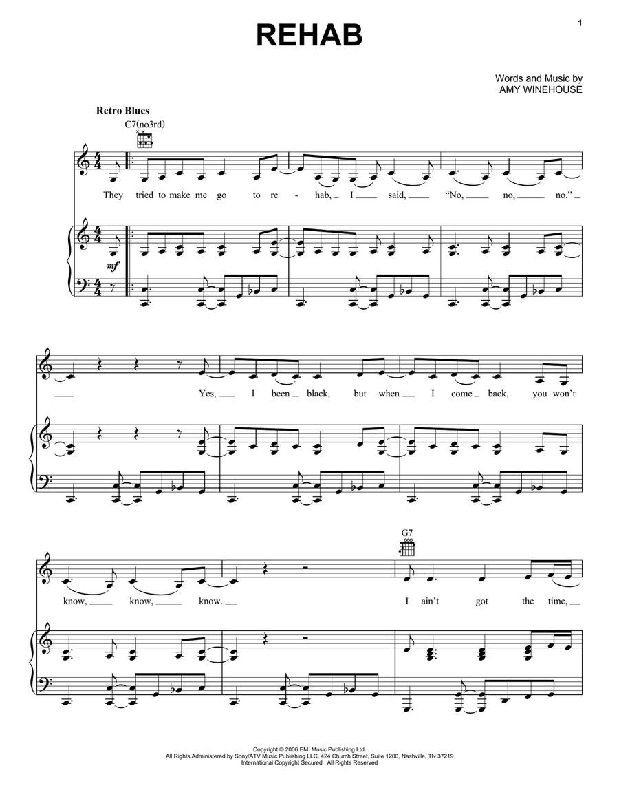 Rehab Piano, Vocal, Guitar scores gallery preview page 1