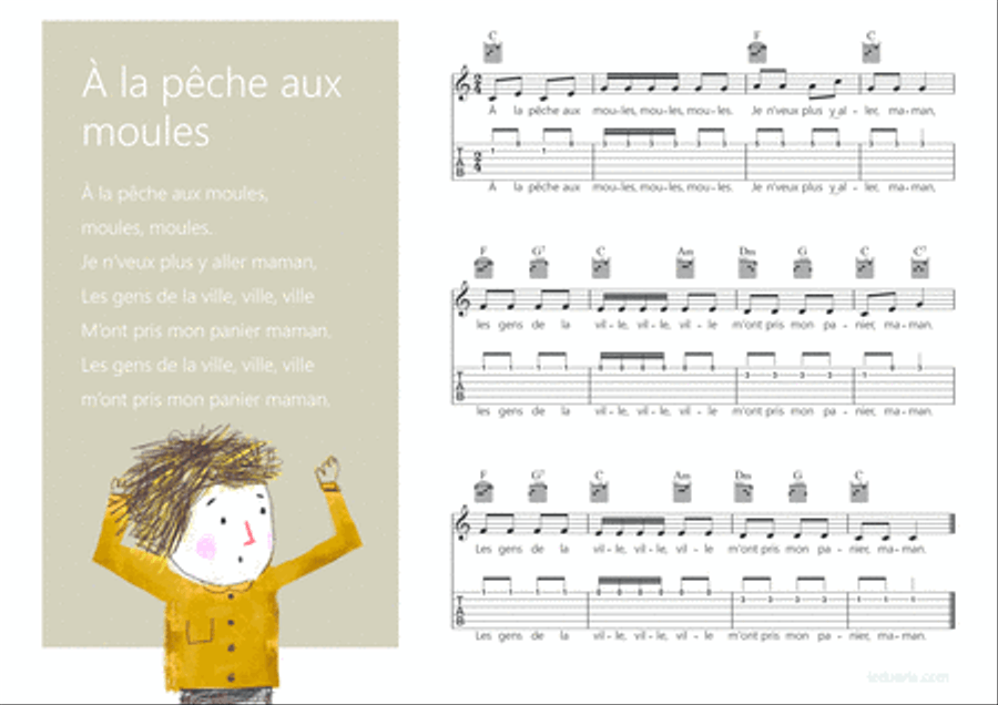 A la peche aux moules music sheet melody + guitar chords + guitar tabs Guitar Tablature scores gallery preview page 1