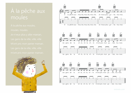 A la peche aux moules music sheet melody + guitar chords + guitar tabs