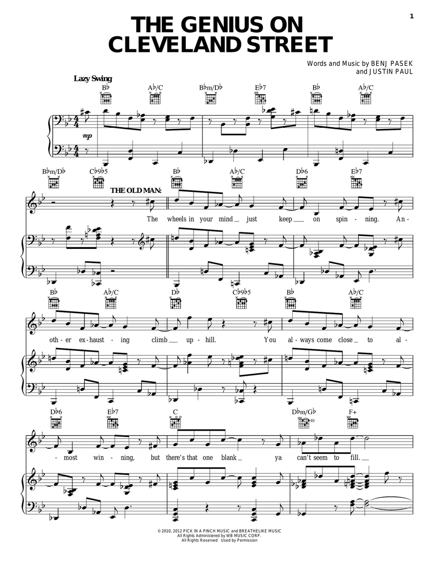 The Genius On Cleveland Street Piano, Vocal, Guitar scores gallery preview page 1