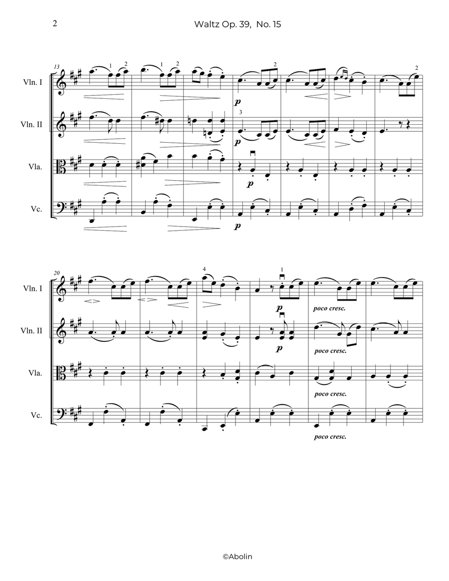 Brahms: Waltz Op.39, No.15 - String Quartet String Quartet scores gallery preview page 3