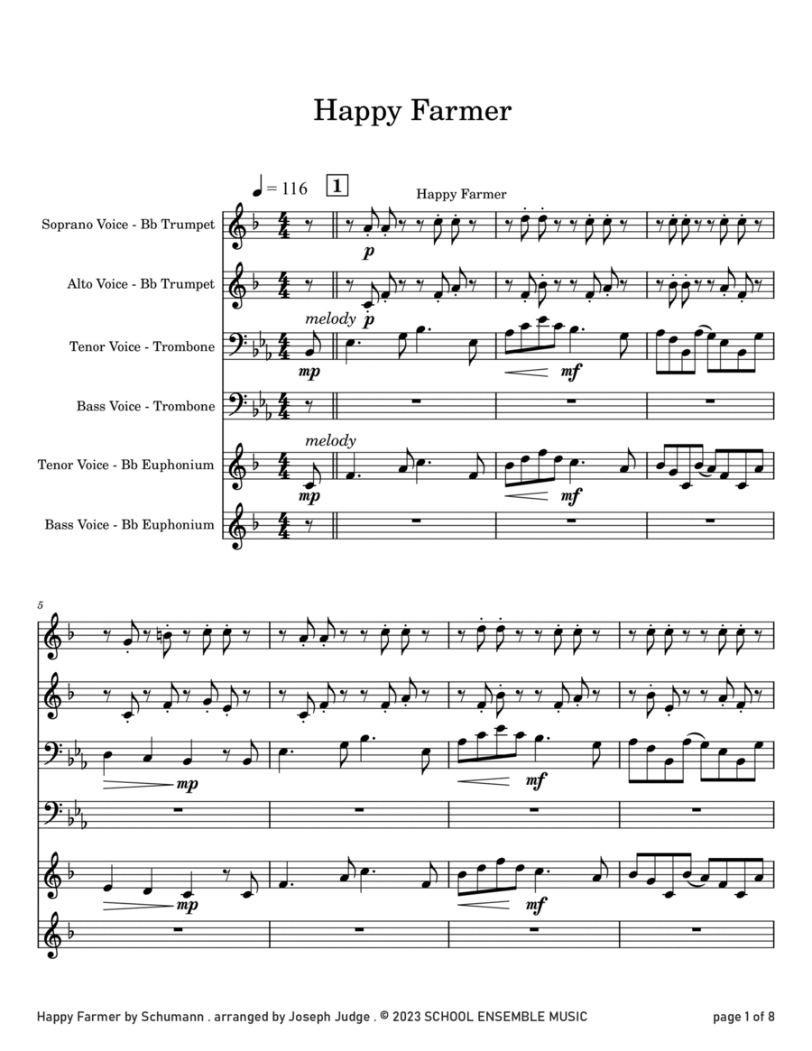 Happy Farmer by Schumann for Brass Quartet in Schools Brass Quartet scores gallery preview page 1