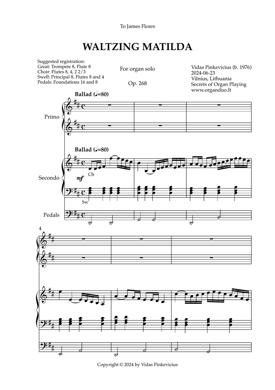 Book cover for Waltzing Matilda, Op. 268 (arr. for Organ Duet)