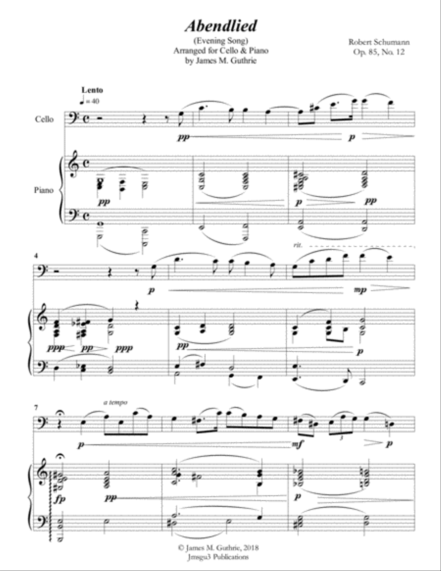Schumann: Abendlied for Cello & Piano Piano scores gallery preview page 1