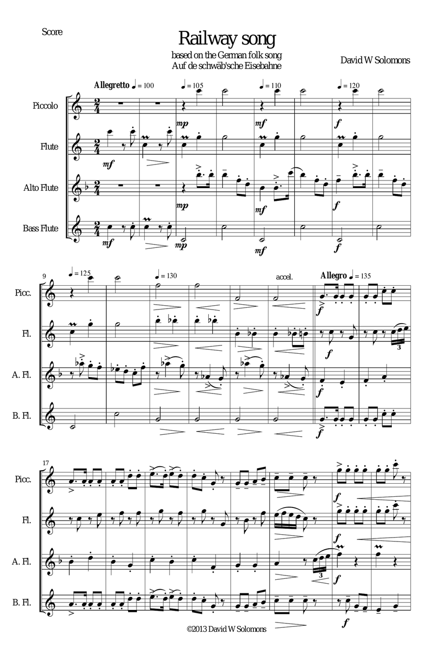 Railway Song (Auf de schwäb'sche Eisebahne) for piccolo, flute, alto flute and bass flute Piccolo scores gallery preview page 1