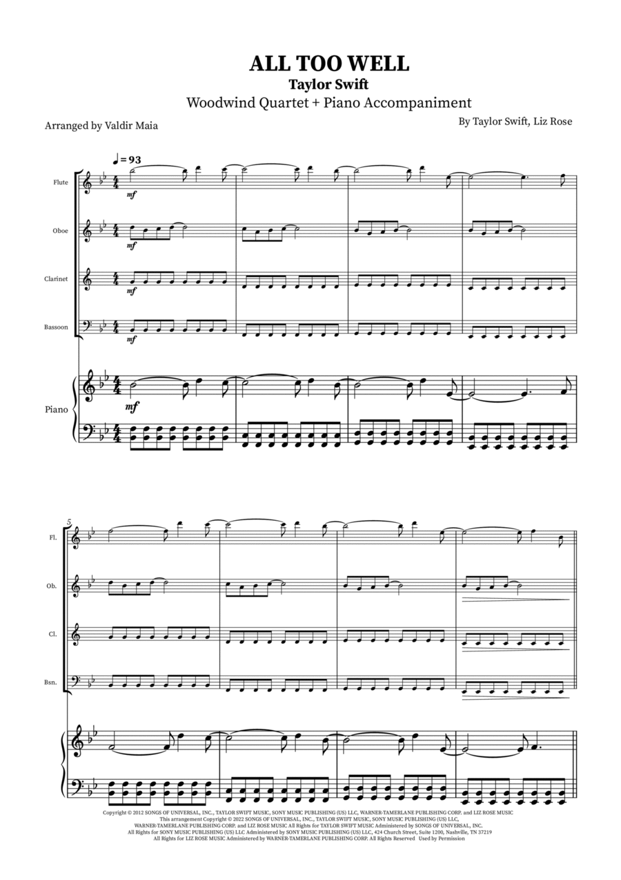 All Too Well Woodwind Quartet scores gallery preview page 1