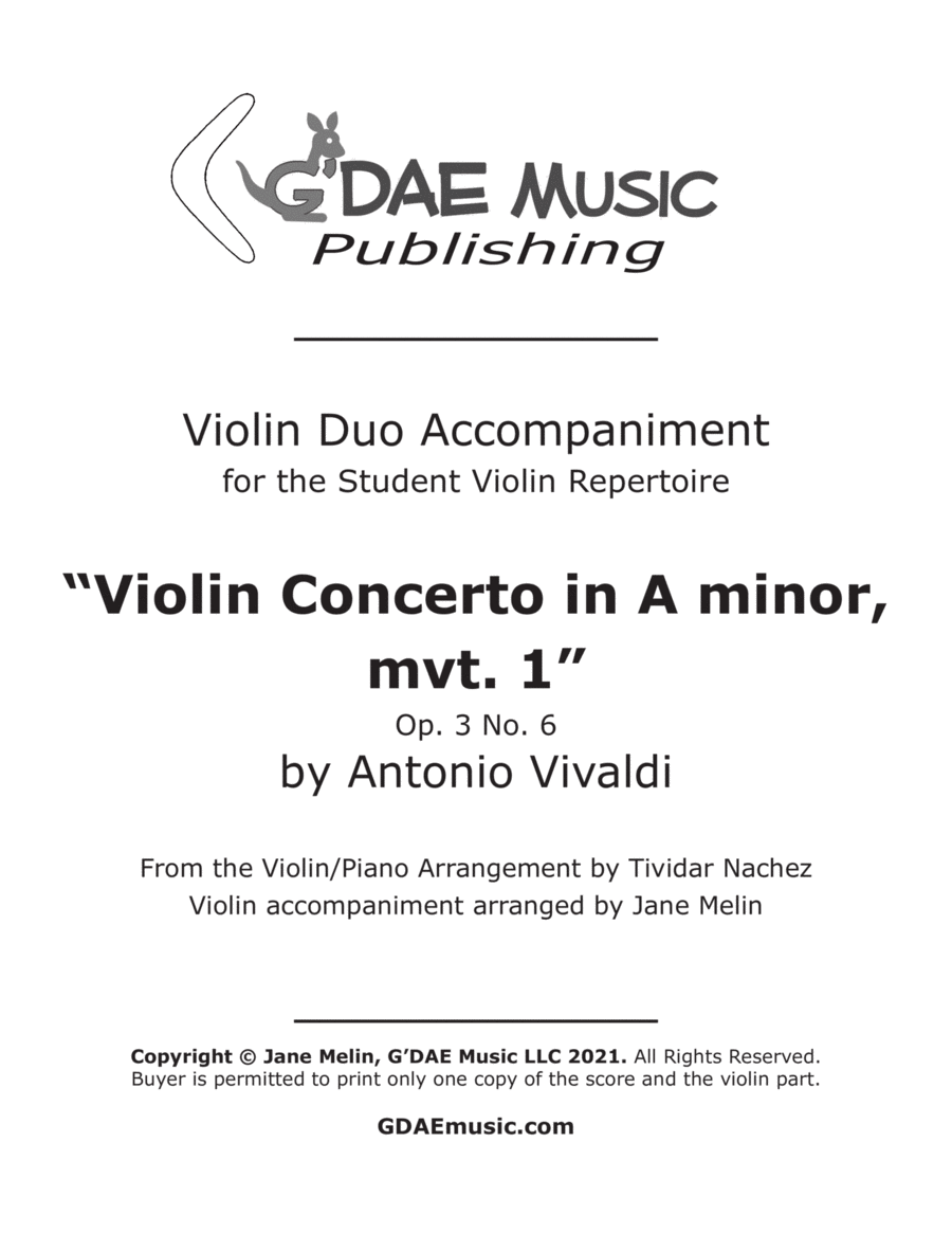 Vivaldi - Violin Concerto in Am Op. 3 No. 6 Mvt 1 - Second Violin (Duo) Accompaniment