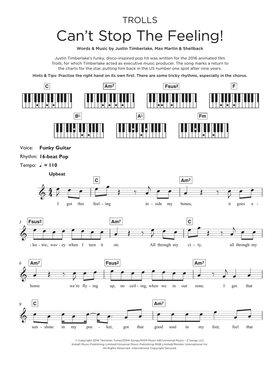 Can't Stop The Feeling Piano scores gallery preview page 1