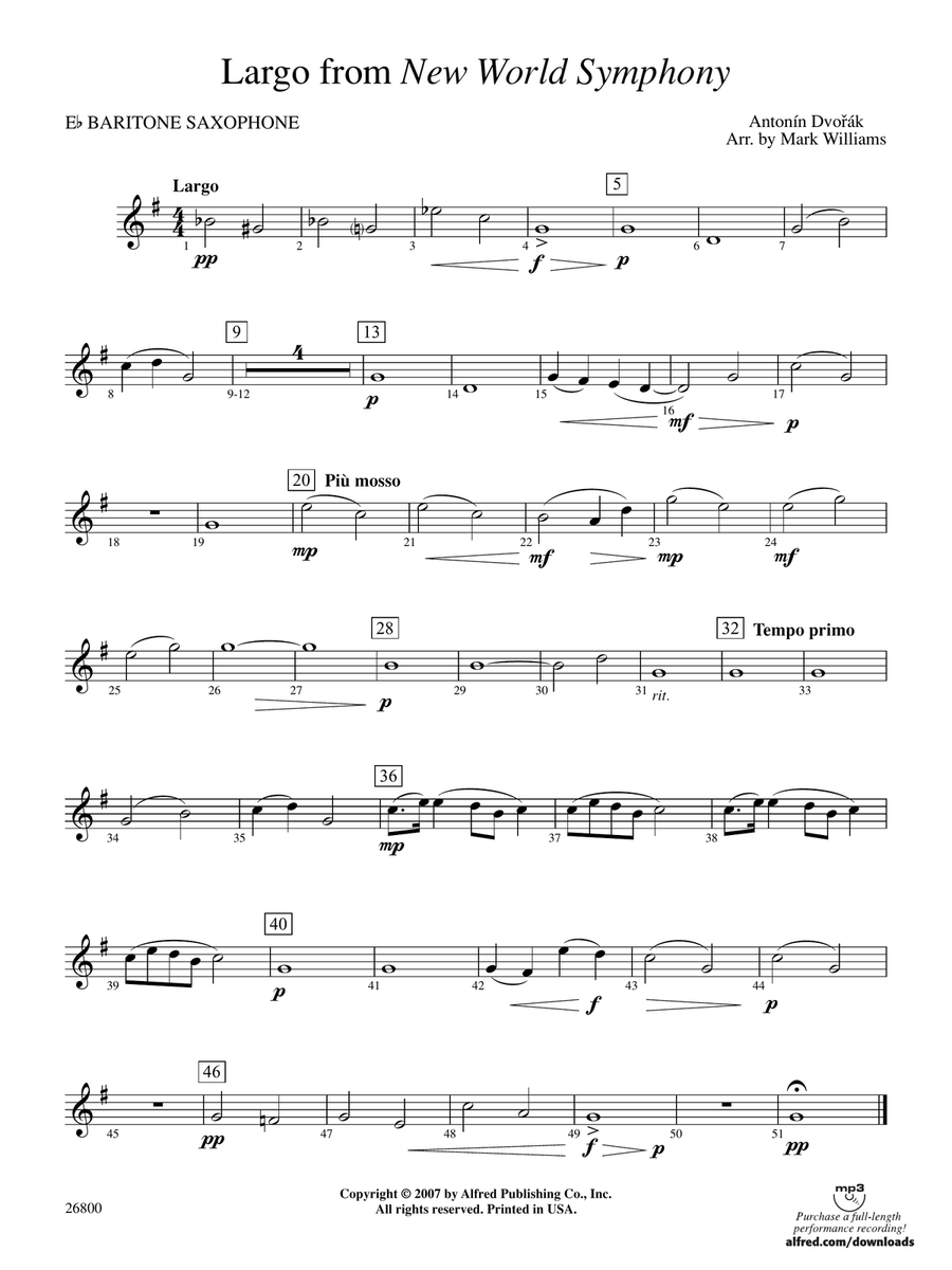 Largo from New World Symphony: E-flat Baritone Saxophone