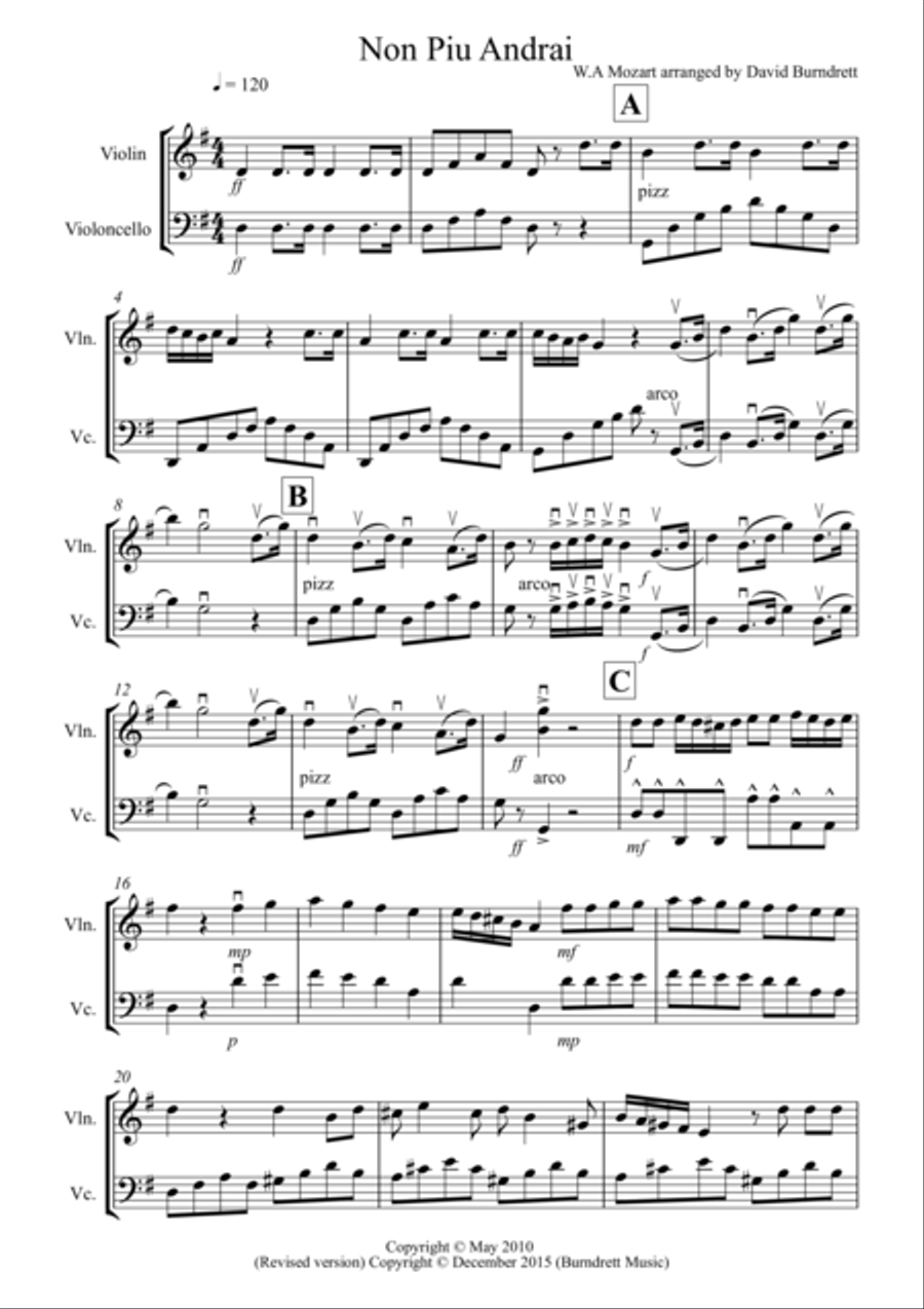 Non Più Andrai for Violin and Cello Duet String Duet scores gallery preview page 1