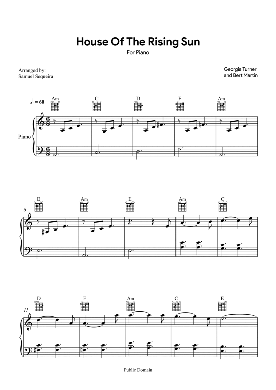 House of the Rising Sun - for Piano - with chords Piano Solo scores gallery preview page 1