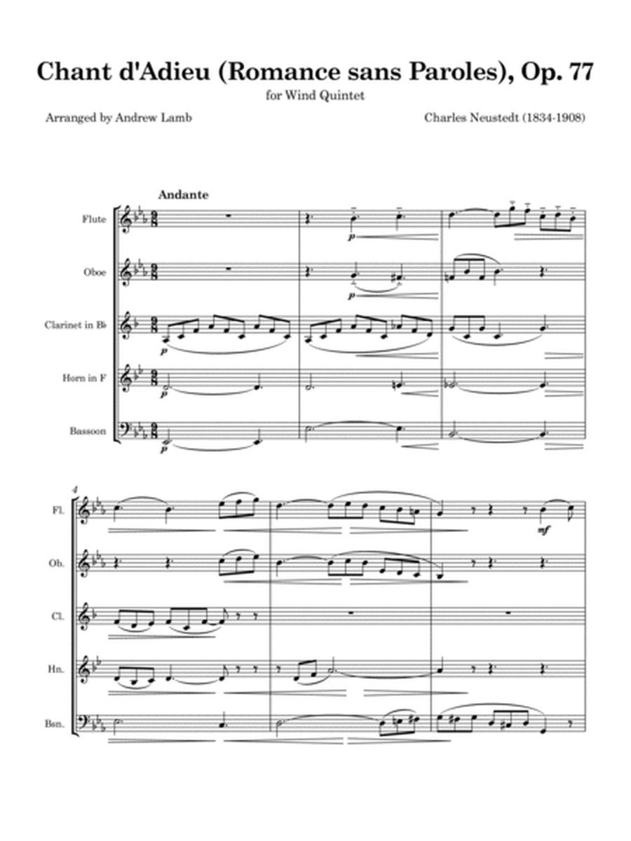 Chant d’Adieu (Romance sans Paroles), Op. 77 [by Charles Neudtedt, arr. for Wind Quintet] image number null