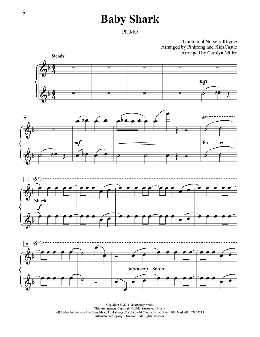 Baby Shark (arr. Carolyn Miller) 1 Piano, 4-Hands scores gallery preview page 2